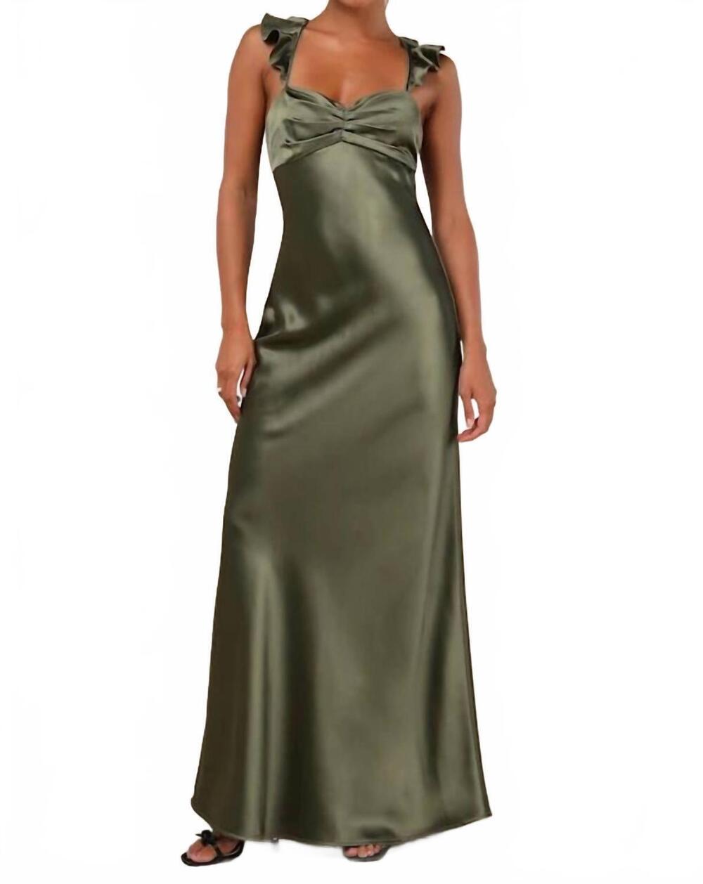 NEW LULUS exuberant luxury satin ruffled lace-up maxi dress in olive green